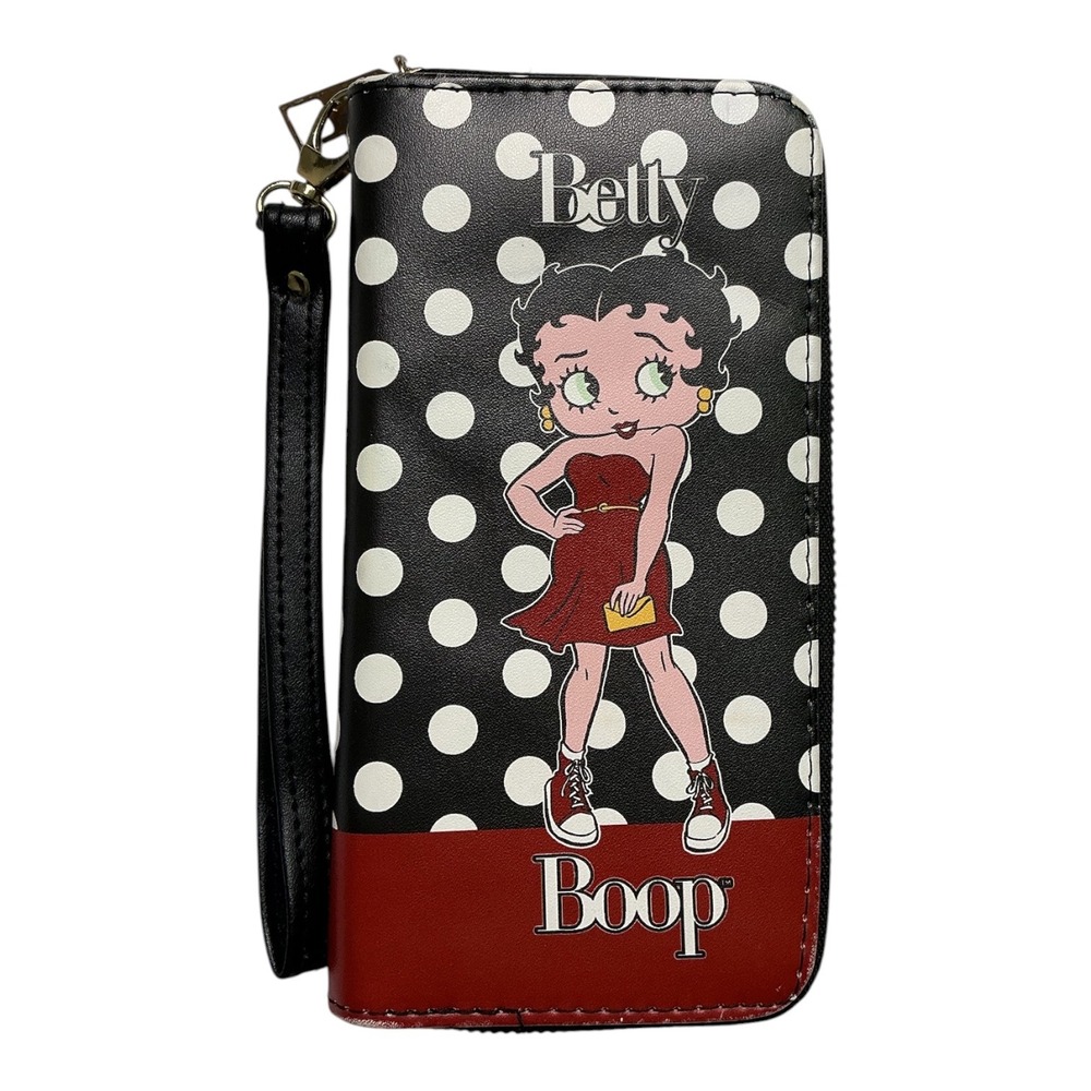 Betty Boop Polka Dot Wristlet Wallet Zip Around Black White Red Faux Leather